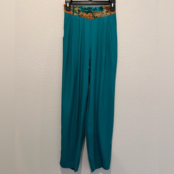 Vintage 80s 2 Piece Set Top Pants Teal Hawaiian Print Trim High Waisted Pleated - Picture 15 of 15